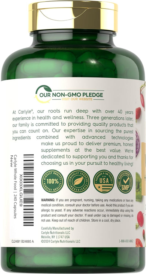 Carlyle Whole Food Multivitamin with B Complex | 240 Capsules | Vegetarian, Non-GMO, Gluten Free