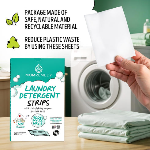 Packaging 60 Count MomRemedy Laundry Detergent Sheets with Powerful Stain Fighting Enzymes - Made in EU, Sulfate Free