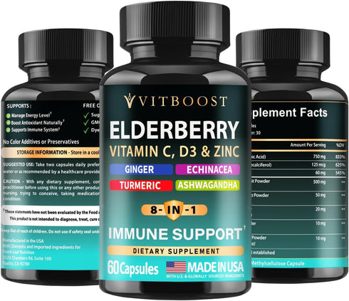 Immune 8-in-1 5000 60 Elderberry Support Supplement Formula with Echinacea, Vitamin C & Zinc, Vitamin D IU, Turmeric