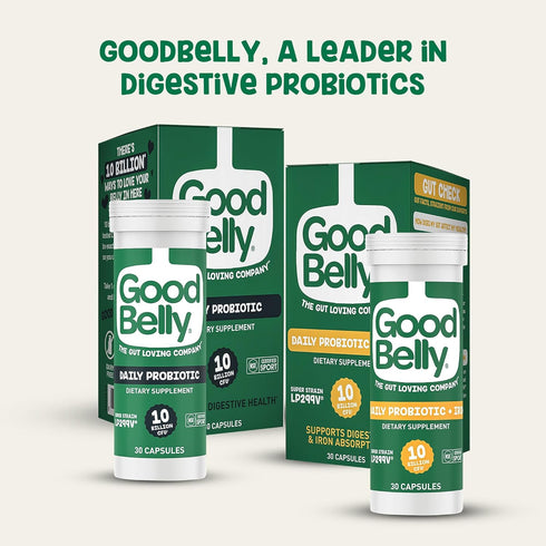 GoodBelly Probiotic Capsules for Digestive Health & Iron Absorption, Vegan Supplement with 10 Billion Cultures, 30