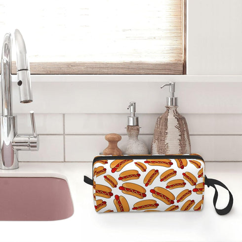 Fun Hot Dog Food Pattern Makeup Bag, Small Portable Travel Toiletry Organizer with Handle for Women and Girls