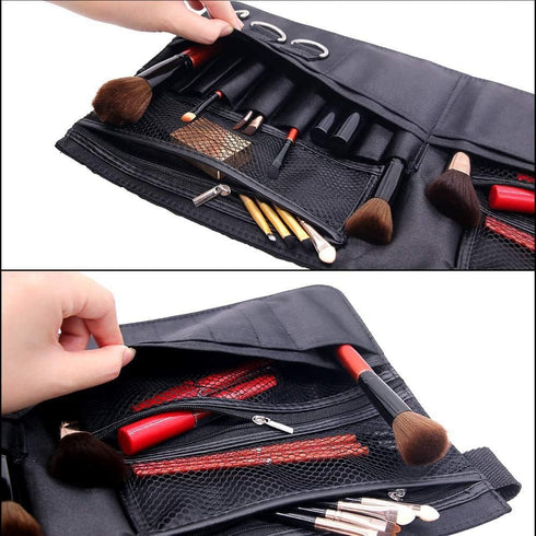 Professional Portable Makeup Brush Waist Bag Case, Foldable Cosmetic Brush Pouch with Multi Pockets
