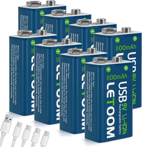 letoom USB Rechargeable 9V Lithium Batteries, 1000mAh, Set for Smoke Detectors, Alarms, Toys,