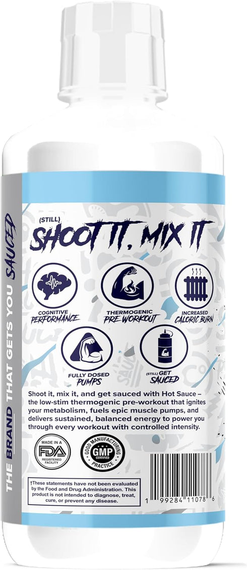 Pump Sauce 32 Oz Hot Sauce Thermogenic Pre-Workout, White Cherry Flavor, Liquid Energy Supplement with Caffeine
