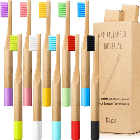 10 Pieces Kids Bamboo Toothbrush - Natural Soft Bristle Wooden Toothbrushes for Toddlers Adults, BPA-Free