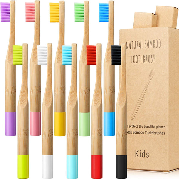 10 Pieces Kids Bamboo Toothbrush - Natural Soft Bristle Wooden Toothbrushes for Toddlers Adults, BPA-Free