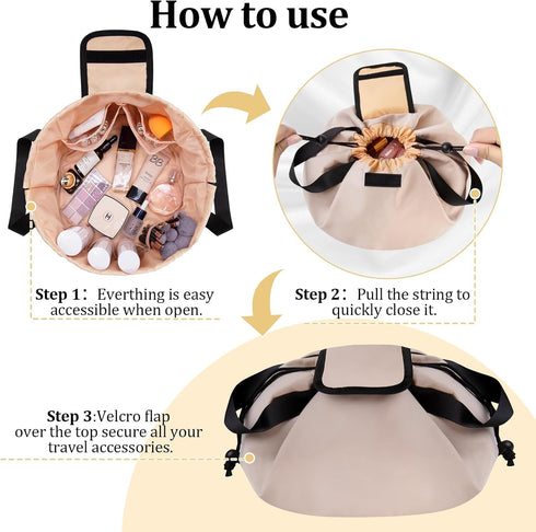 Barrel Drawstring Large Makeup Bag, Portable Travel Cosmetic Organizer for Toiletry Accessories, Khaki