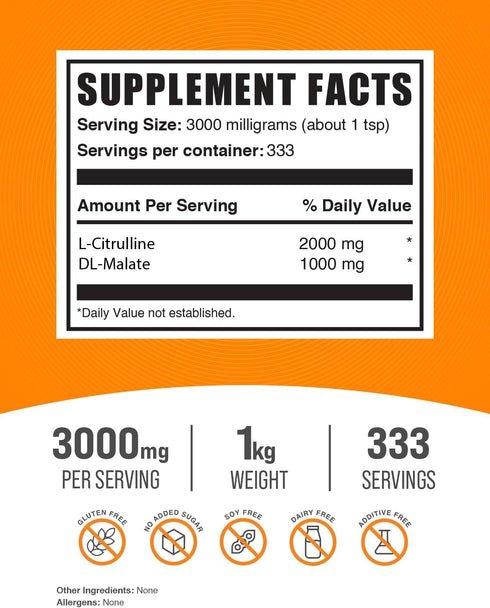 BulkSupplements.com L-Citrulline Malate 2:1 Powder, Unflavored & Gluten Free, 3g per Serving, 1kg (2.2 lbs)