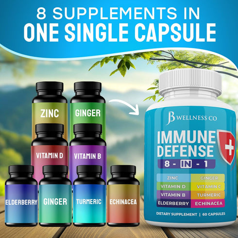 Immune Support 8 in 1 Capsules - Zinc, Vitamin D3 5000 IU, Vitamin C 1000MG, Elderberry, Echinacea, Ginger