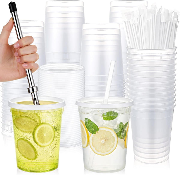 LemonRoad 50 Set Lemonade Stand Cups with Lids Straws Puncher 32oz Clear Plastic
