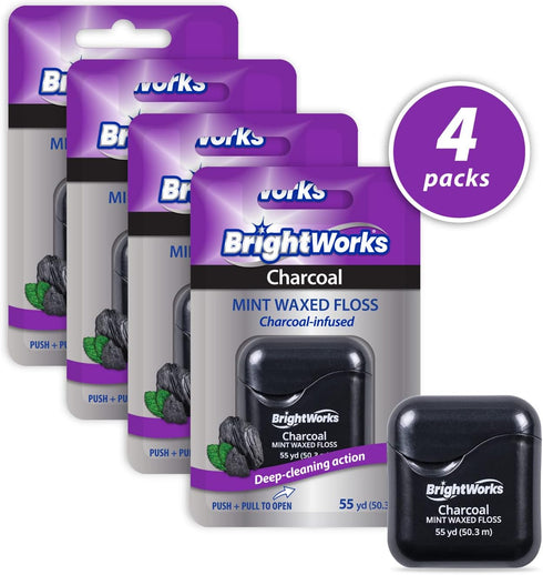 BrightWorks Activated Charcoal Dental Floss - 55 Yards (Pack of 4) - Infused Waxed with Natural Fresh Mint Flavor for