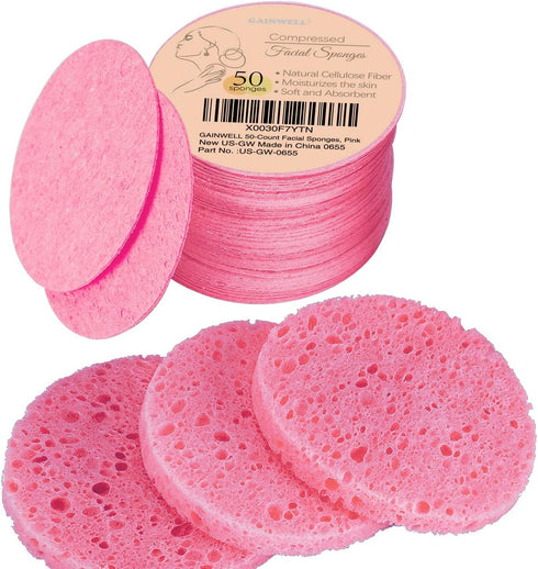 50-Count Compressed Facial Sponges for Daily Cleansing and Exfoliating, 100% Natural Cosmetic Spa Sponges