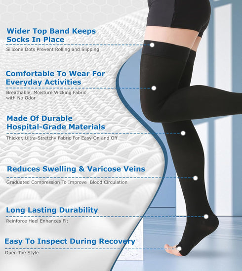 MGANG Medical Thigh High Compression Stockings, Pair, Open Toe, 20-30 mmHg Graduated Compression Support, Black