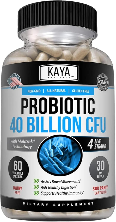 Kaya Naturals Probiotic 40 Billion CFU, 60 Vegetable Capsules, Natural Supplement for Gut Health & Immune Support