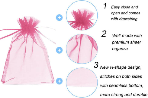 Wudygirl 100pcs Sheer Pink 5''X7 Organza Bags - Drawstring Jewelry Pouches for Baby Shower & Party Favors