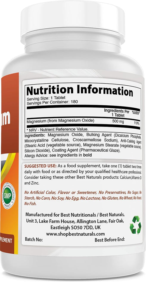 Best Naturals Magnesium Oxide 500 mg, 180 Tablets