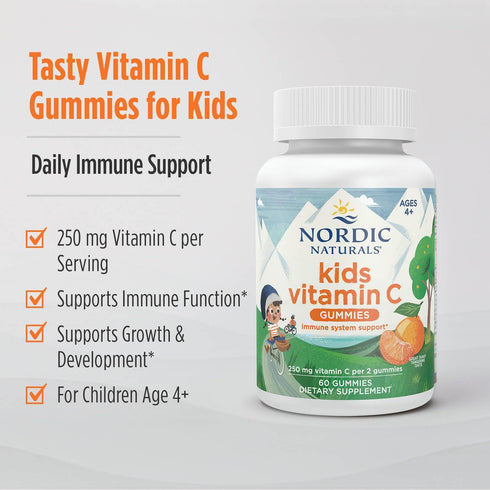 Nordic Naturals Kids Vitamin C Gummies, Tangy Tangerine, 60 Gummies | Vegan Supplement for Children’s Immunity &