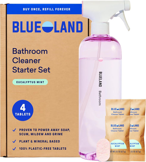 BLUELAND Bathroom Cleaner, Starter Set, Eucalyptus Mint Scent, Spray Bottle with 4