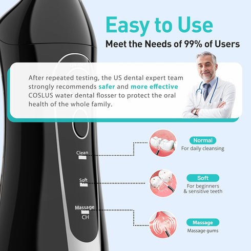 COSLUS Water Dental Flosser Teeth Pick: Portable Cordless Oral Irrigator, 300ML, IPX7 Waterproof Electric Waterflosser