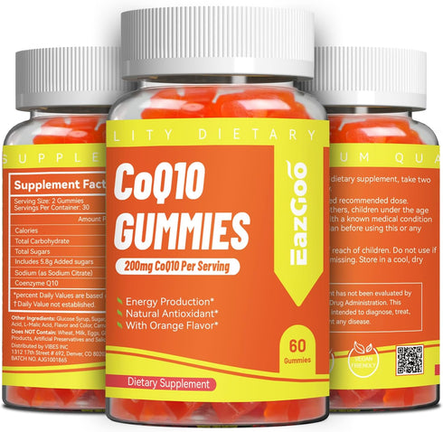 CoQ10 Gummies 200mg - Vegan Supplement for Energy Production, Non-GMO, Gluten Free (60 Gummies)