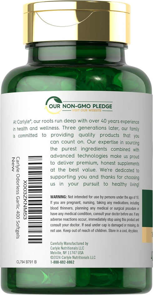 Carlyle Odorless Garlic Extract 3600mg - 400 Count, Non-GMO, Gluten Free Supplement