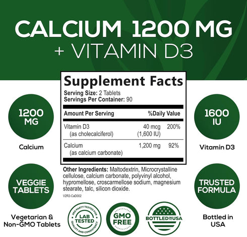 Calcium 1200 mg with Vitamin D3, Calcium Supplement Vitamins, Supports Bone Strength, Teeth & Immune System, Calcium Supplements for Women & Men, Nature's Absorbable Calcium Carbonate - 180 Tablets