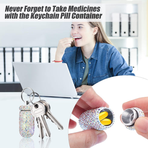 2 Pack Portable Pill Case, Bling Rhinestone Pill Container Box, Waterproof Medication Holder Organizer with Keychain