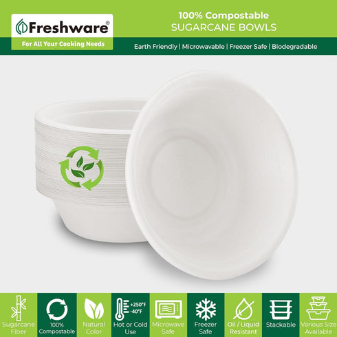 Freshware Paper Bowls - Disposable 32 oz Soup Bowl, 50-Pack Biodegradable Sugarcane Fiber Serving Bowls - Heavy Duty Bagasse for Hot Food Plates - Microwave & Freezer Safe, Stackable Dinnerware by Freshware