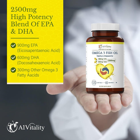 Omega 3 Triple Strength EPA DHA Supplement - 2500mg Lemon Flavored Fish Oil, 120 Softgels