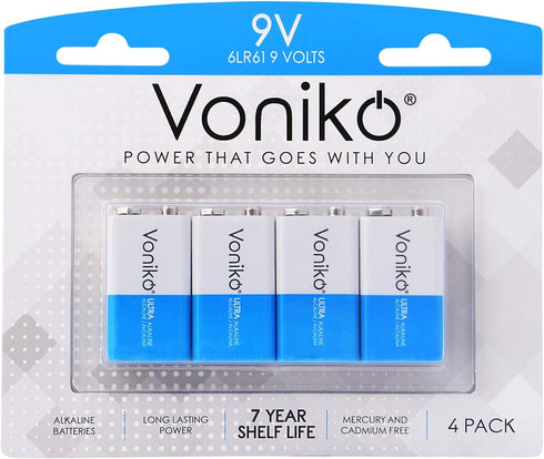 Voniko 9V Alkaline Batteries - Ultra Long Lasting 4 Pack with 7-Year Shelf Life