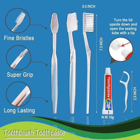 50pcs Disposable Toothbrushes with Toothpaste and Floss, Individually Wrapped Bulk Kit for Hotels and Guests