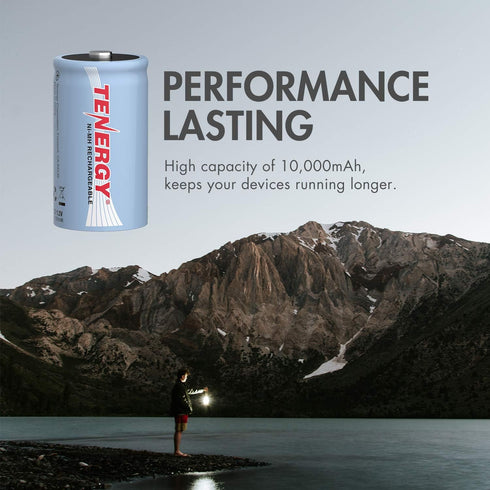 Tenergy 10000mAh 4-Pack NiMH D Battery, Rechargeable High Capacity D Size Battery, High Drain D Cell Batteries