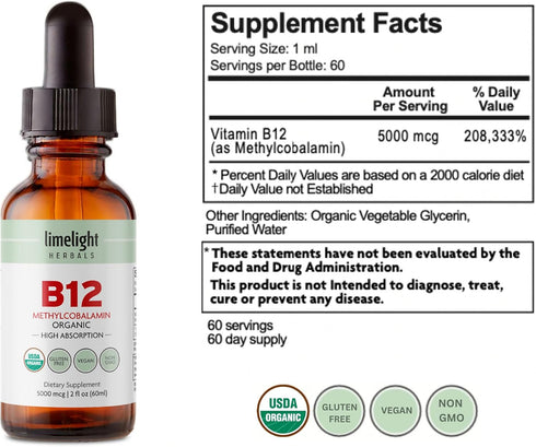 Organic Vitamin B12 Sublingual Drops - 2 Fl. Oz. Extra Strength 5000 mcg Methylcobalamin, Vegan Liquid B12