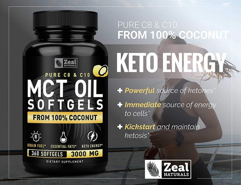 Pure MCT Oil Capsules - 360 Softgels | 3000mg, 4 Month Supply Keto Pills w Unrefined Coconut