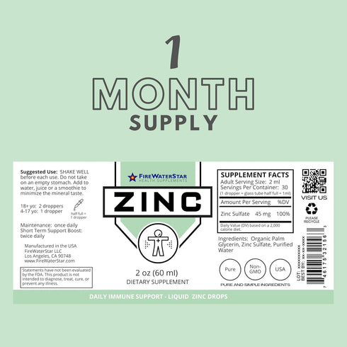 FWS Liquid Zinc Supplement for Men, Women, Kids, Organic Non-GMO Vegan, 30 Day Supply, 2 oz