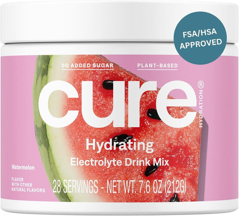 Cure Hydration | Watermelon Plant-Based Electrolyte Drink Mix | 28 Servings Jar | No Added Sugar | Vegan | Non-GMO