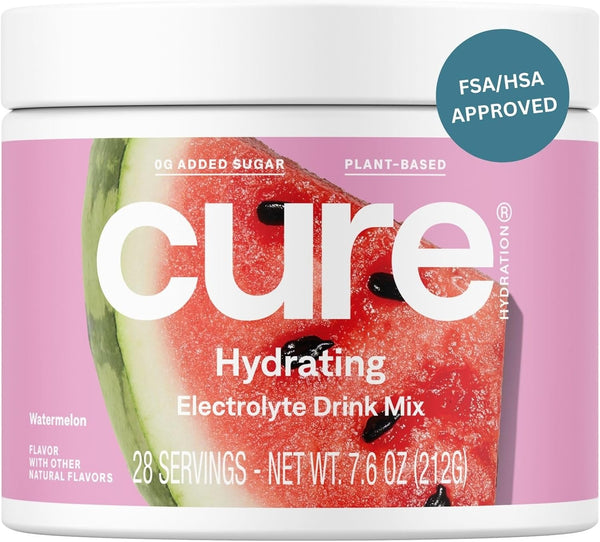 Cure Hydration | Watermelon Plant-Based Electrolyte Drink Mix | 28 Servings Jar | No Added Sugar | Vegan | Non-GMO