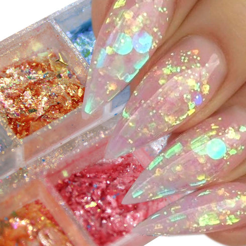 Holographic Nail Glitter 12 Grids, Opal Glitter Powder Nail Charms for Nail Art Design Kit for Christmas