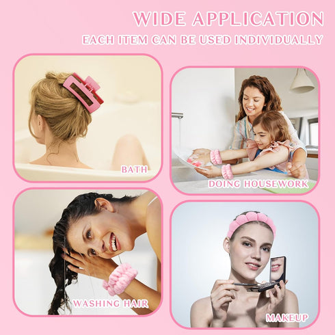 Wecoe Spa Headband Set - Skincare Headband, Hair Clips, Pink Puffy Makeup Headband, Scrunchies, Wrist Towels