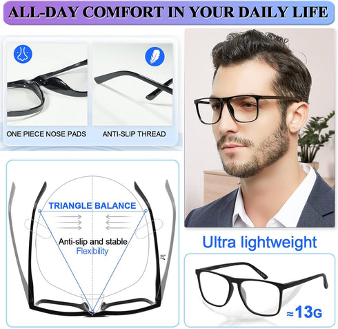 MARE AZZURO Large Blue Light Blocking Reading Glasses for Men, Computer Readers in Various Strengths (Black, 1.50)