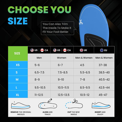 High Arch Support Orthotics Insoles - Welnove Plantar Fasciitis Pain Relief Shoe Inserts for Flat Feet, Foot Pain (M)