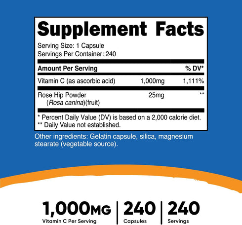 Nutricost Vitamin C with Rose Hips 1025mg, 240 Capsules - Vitamin C 1,000mg, Rose hips 25mg, Premium, Non-GMO, Gluten Free Supplement