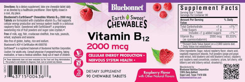 Bluebonnet Nutrition Earth Sweet Vitamin B12 2000 mcg Chewable Tablets, Vegan, Raspberry Flavored, 90 Servings