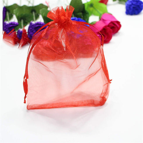 50 Pc 5x7 inch Gift Wrap Bags Red, Organza Sheer Fabric Drawstring Glossy Treat Bags for Baby Shower Favor