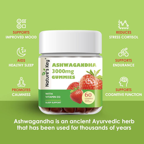 Nature's Key Ashwagandha Gummies, 3000mg High Potency Extract with Vitamin D2, Stress & Mood Support