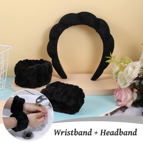 Black Sponge Spa Headband and Wrist Washband Set for Women, Face Washing, Skincare, Shower, Makeup Removal