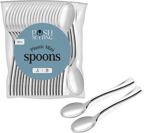 36 Ct Silver Mini Dessert Spoons, 4 Inch Disposable Tiny Silver Spoons for Appetizers Tasting