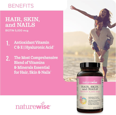 NatureWise Hair Skin and Nails Vitamin - Biotin 5000mcg with Hyaluronic Acid, Multivitamin for Women with Vitamin C, B