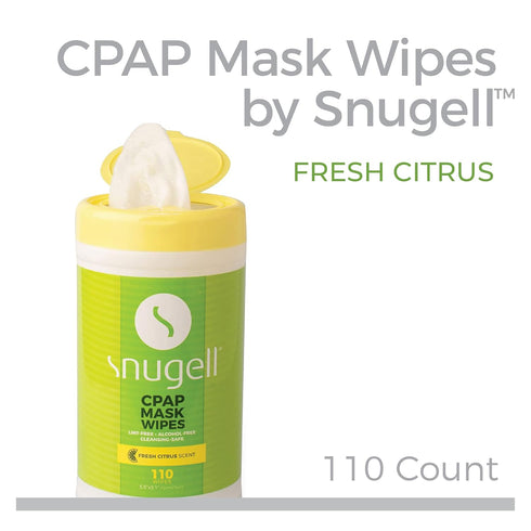 CPAP Mask Wipes by Snugell (2-Canister,110 Count) - Citrus Scent - 100% Soft Cotton - Lint & Alcohol Free - Skin Safe with Aloe Vera - Easy Opening Canister - For Cleaning CPAP Mask, Tube and Devices
