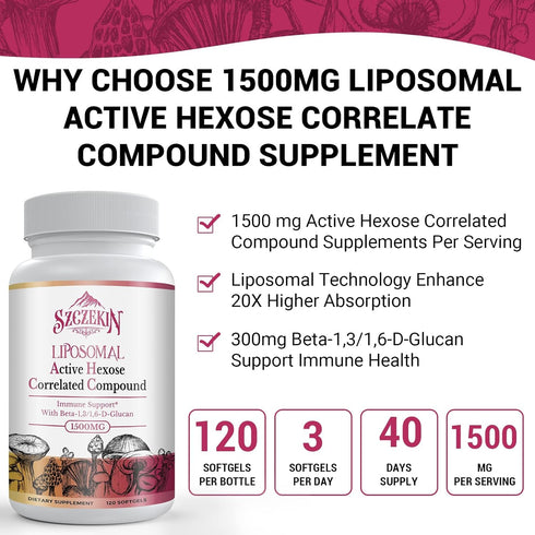 1500mg Liposomal Active Hexose Correlated Supplement - Immune System & Liver Function - 120 Soft Gels